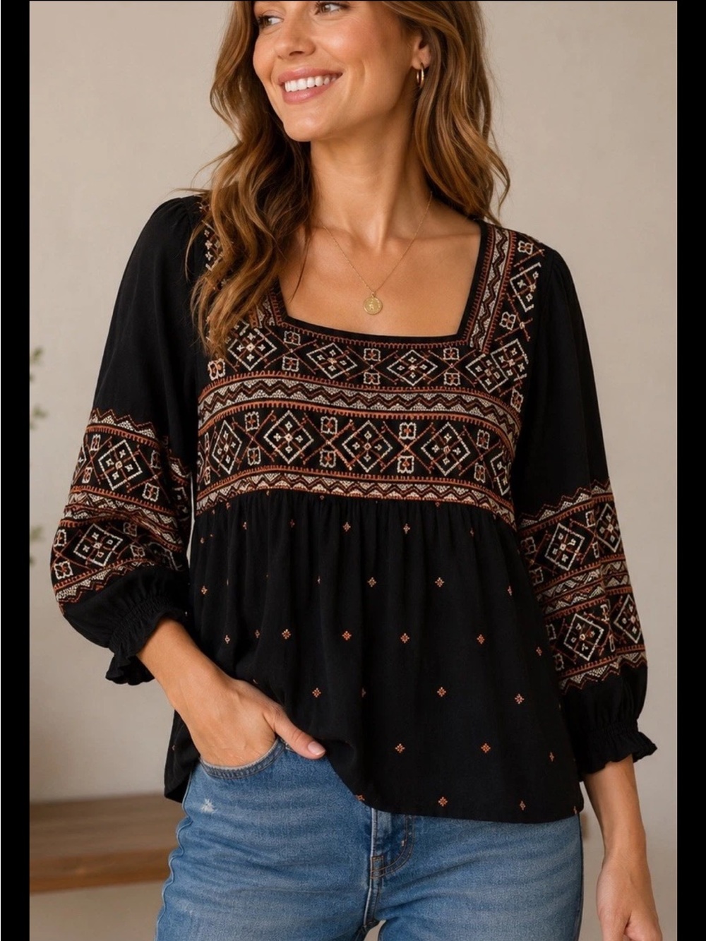 Bohemian Savanna Jane Women's Top  Embroidery Boho Gypsy Festival Sz Small